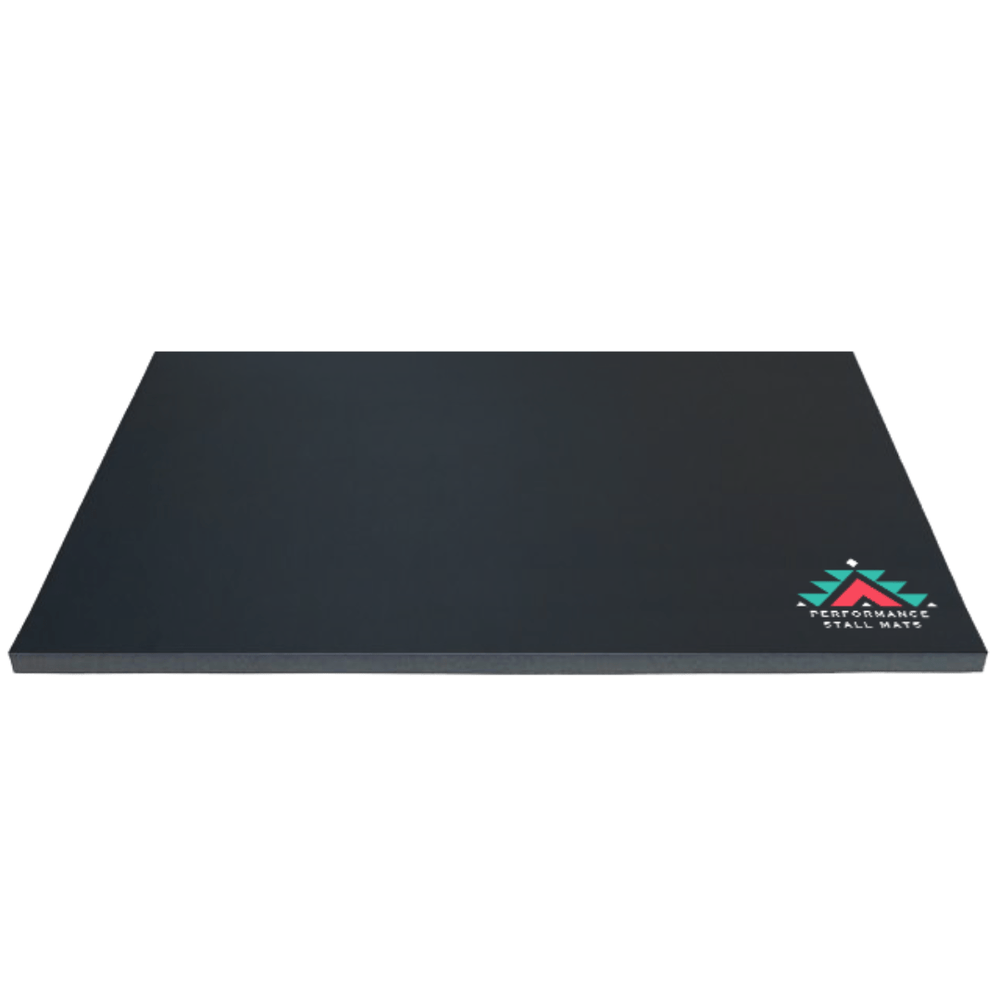 Durable black 5x10 stall mat with anti-slip surface for horse stalls and trailers.