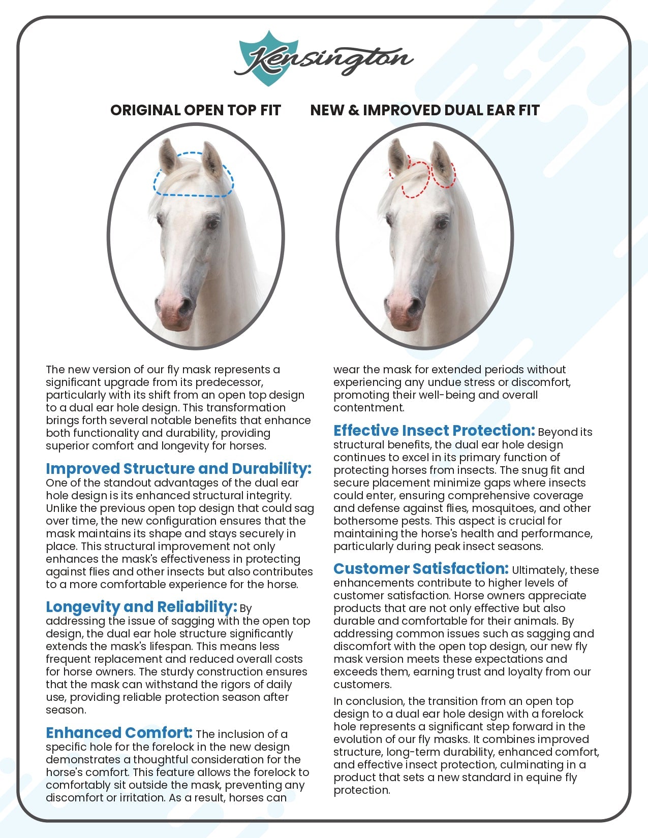 Kensington Fly Mask with Fleece Trim - Dual Ear Holes - 73% UV Blocking