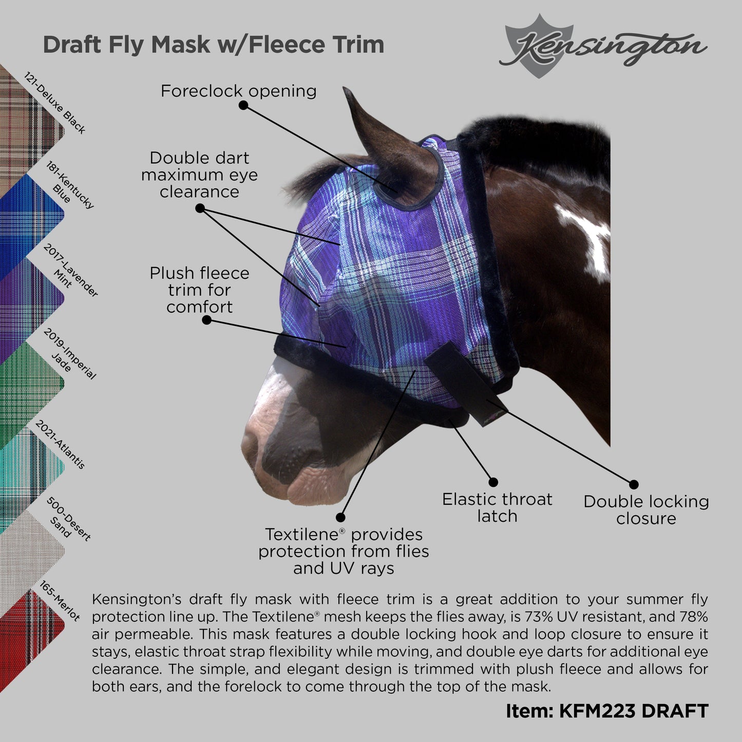 Kensington Draft Fly Mask with Fleece Trim - Dual Ear Holes - 73% UV Blocking