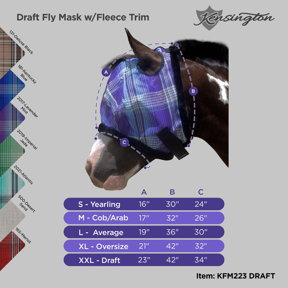 Kensington Draft Fly Mask with Fleece Trim - Dual Ear Holes - 73% UV Blocking