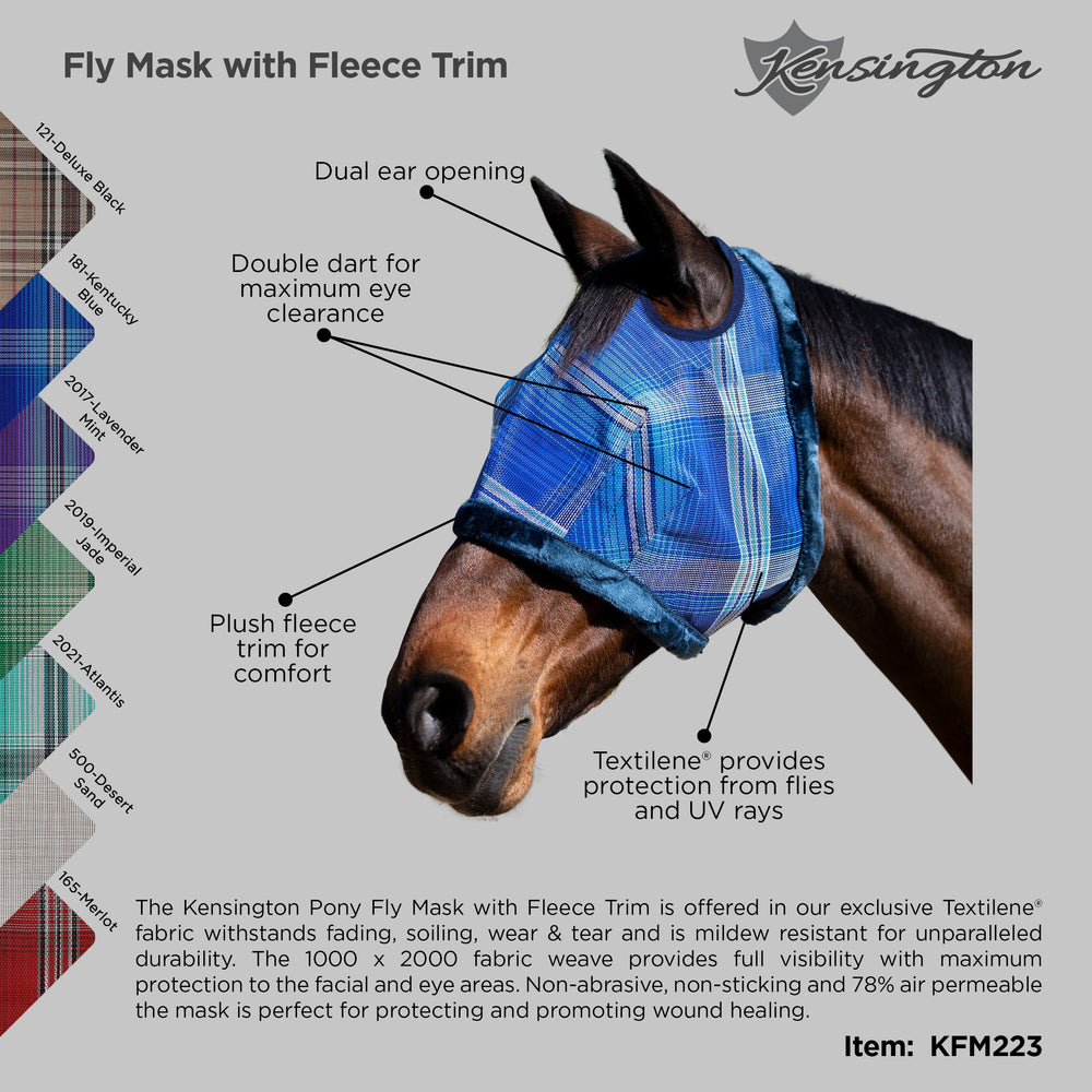 Kensington Fly Mask with Fleece Trim - Dual Ear Holes - 73% UV Blocking