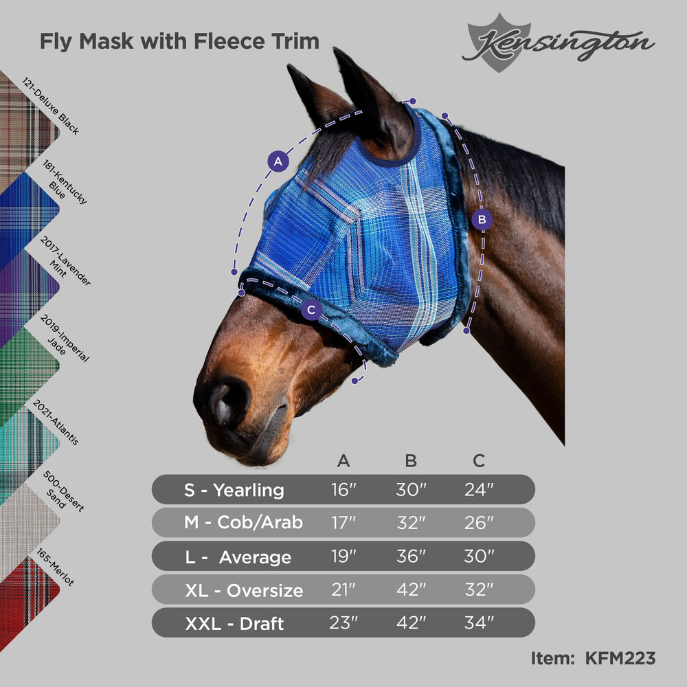 Kensington Fly Mask with Fleece Trim - Dual Ear Holes - 73% UV Blocking