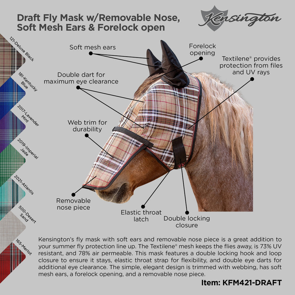 Kensington Draft Fly Mask with Removable Nose, Soft Mesh Ears & Forelock Opening - 73% UV Blocking