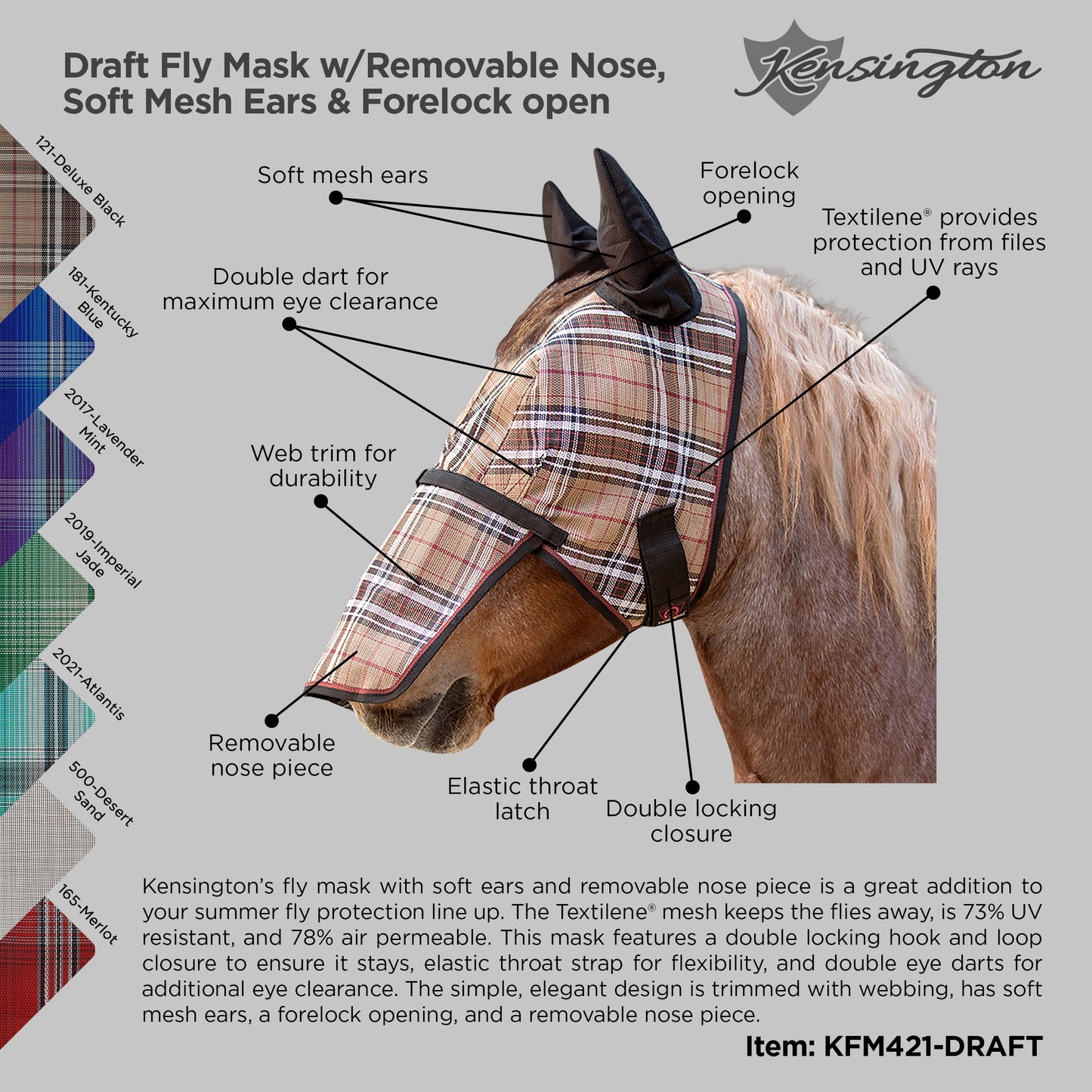 Kensington Draft Fly Mask with Removable Nose, Soft Mesh Ears & Forelock Opening - 73% UV Blocking