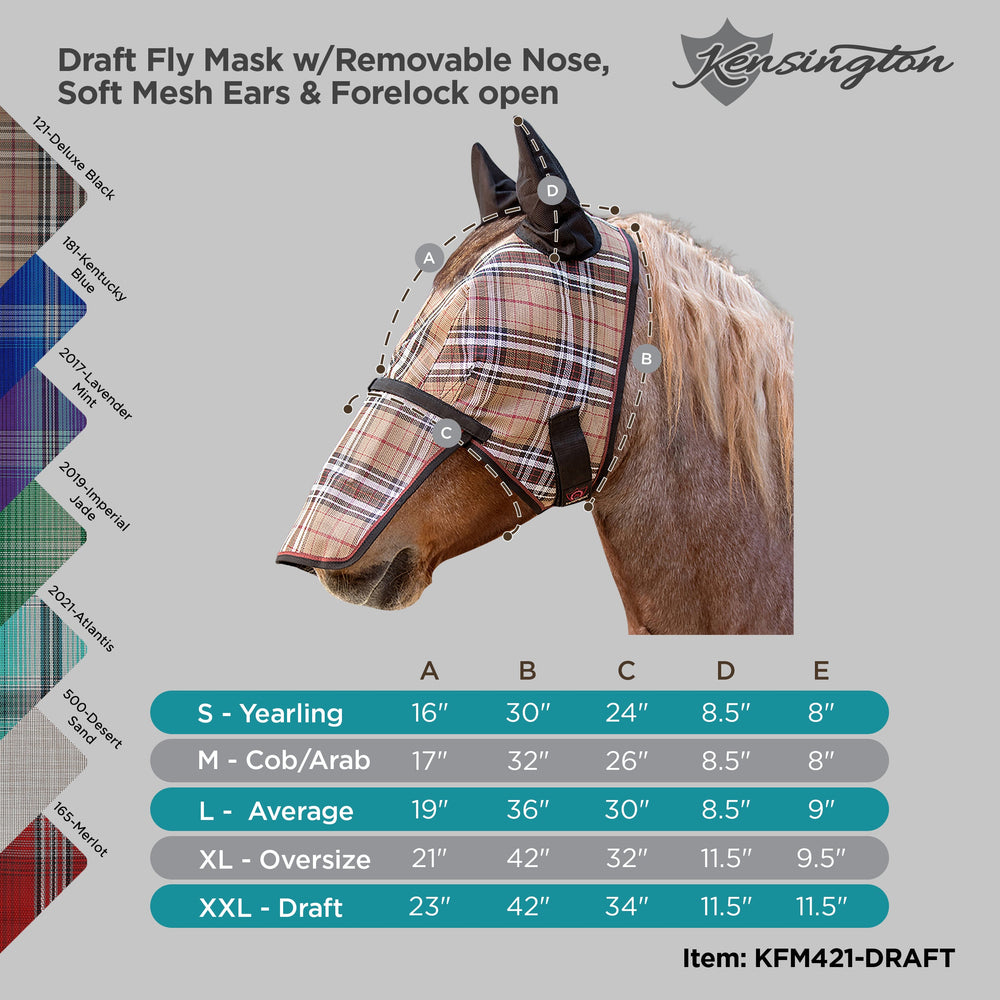 Kensington Draft Fly Mask with Removable Nose, Soft Mesh Ears & Forelock Opening - 73% UV Blocking