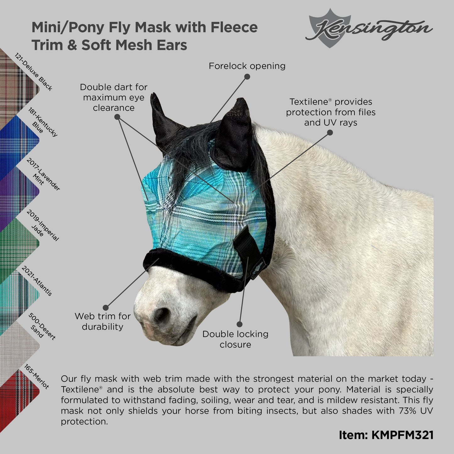 Kensington Mini/Pony Fly Mask with Fleece Trim & Soft Mesh Ears - 73% UV Blocking